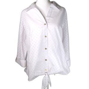 Anne Klein White Top Pokka Dot Tie Front Cuff Sleeves Gold Details L (B10-97)